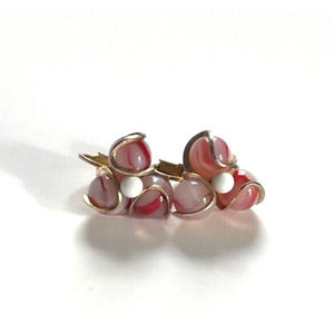 Vintage Clip On Earrings Pink Swirling Glass Marble Cluster Gold Tone Fashion